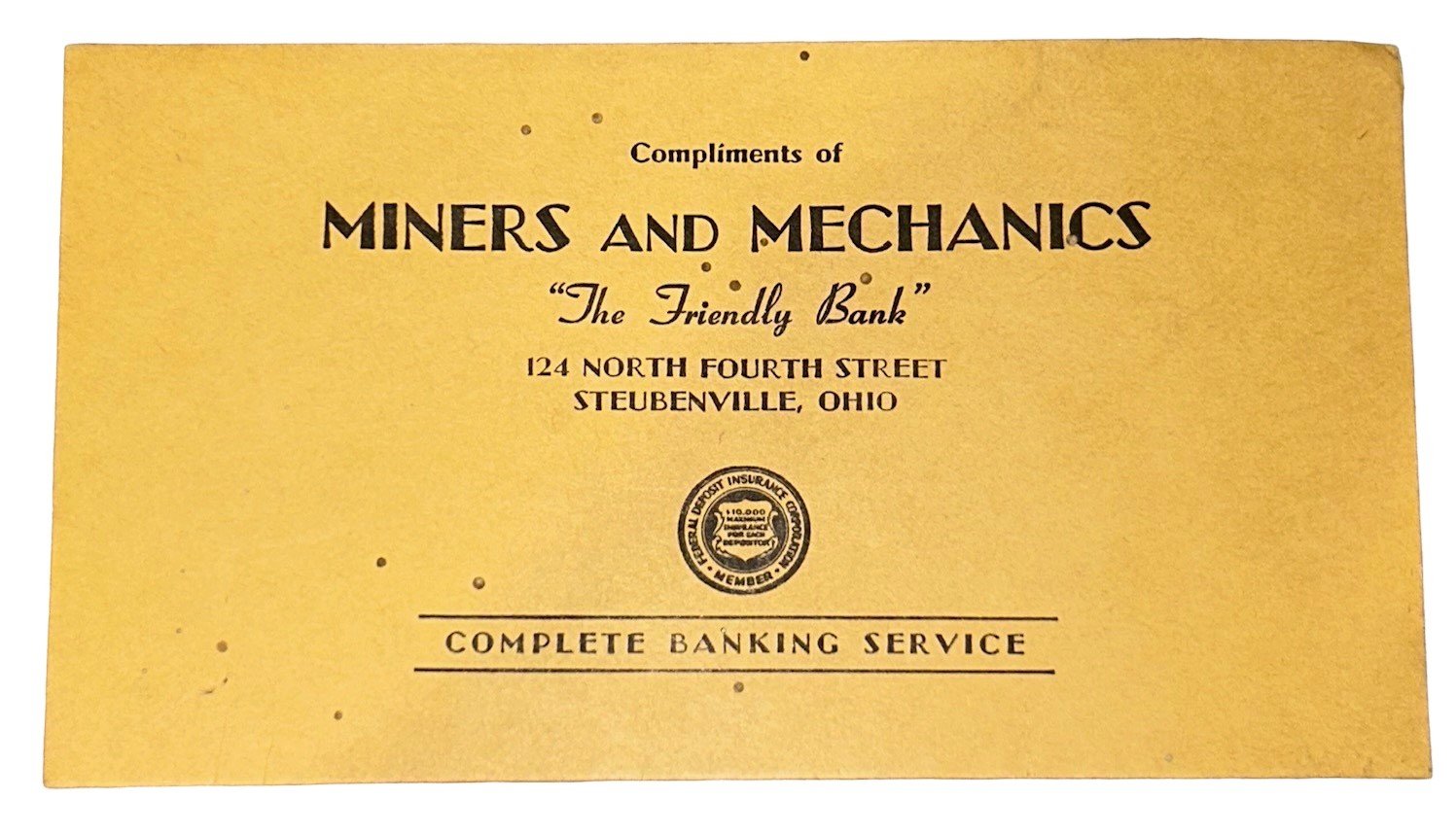 Miners and Mechanics Bank and Steubenville Calendar Envelope Check Deposit Book