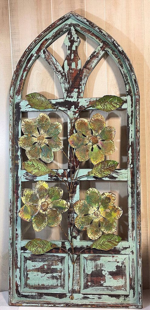 Hand Crafted Wooden Window with Metal Flower - 27" x 60"