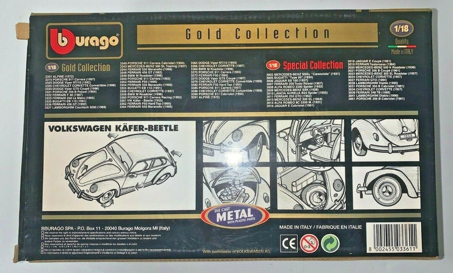 Vintage Bburango Collection Gold 1955 Volkswagen kafer Bettle Diecast 1/18