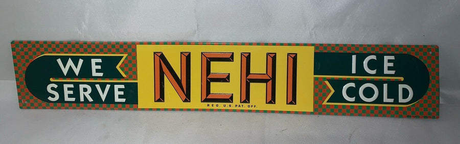 Vintage Nehi Metal Advertising Sign, We Serve Ice Cold, Reg. U.S. Pat. Off