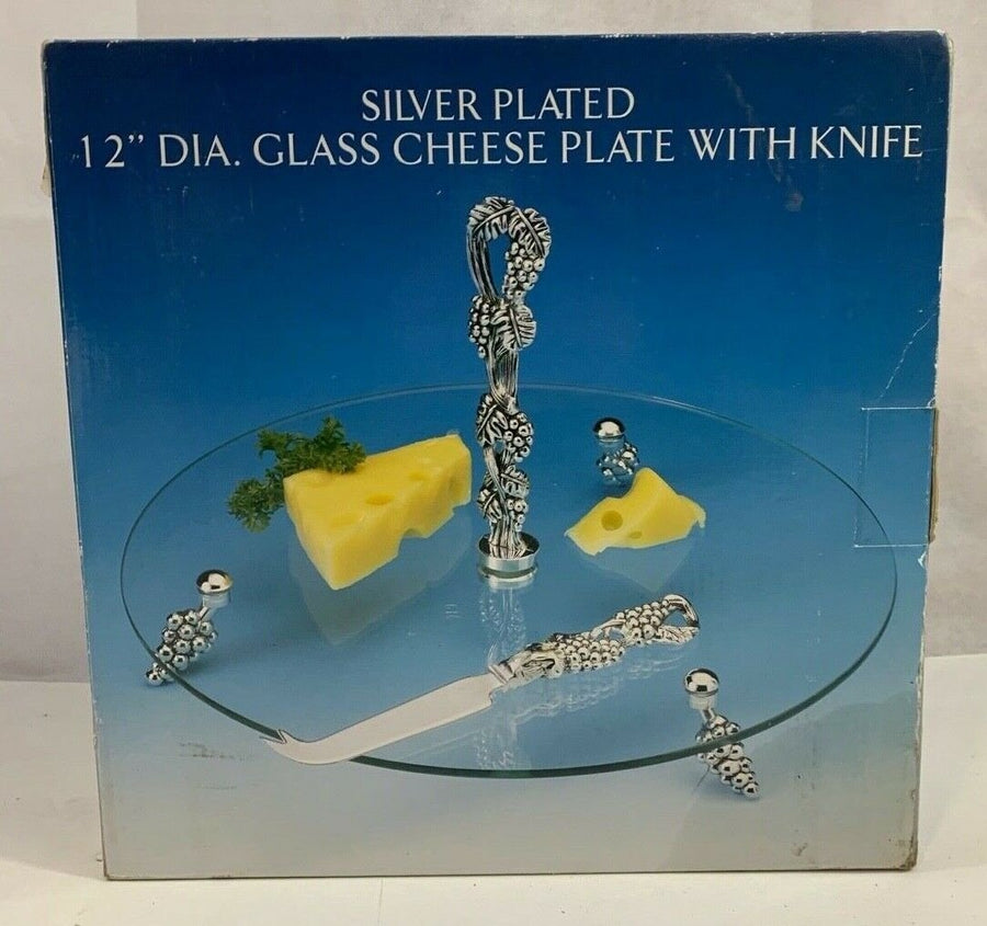 Vintage Godinger Silver Art Silver Plated 12 Inch Glass Cheese Plate W/ Knife