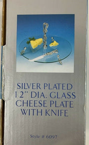 Vintage Godinger Silver Art Silver Plated 12 Inch Glass Cheese Plate W/ Knife