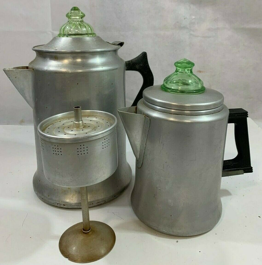 Vintage Buckeye and Superior Quality Aluminum Green Glass Coffee Pots W/ Filter