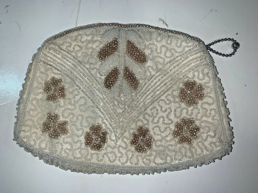 Vintage Made In Belgium White Beaded Hand Bag Purse