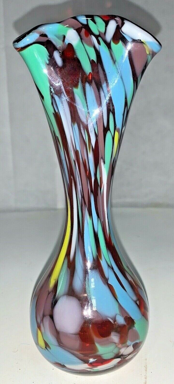 Vintage Murano? Spotted Speckled Swirled Rainbow Handblown Fluted Art Glass Vase