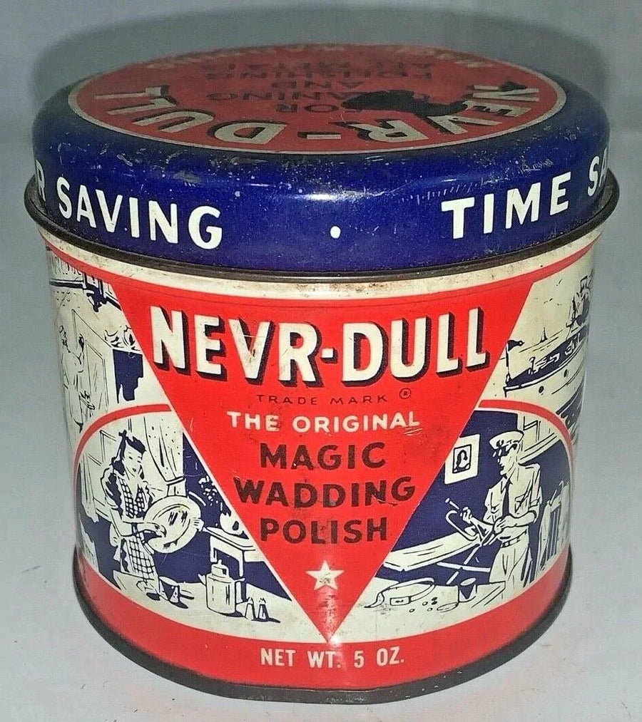Vintage Nevr Never Dull Magic Wadding Metal Polish 5 oz Empty Tin