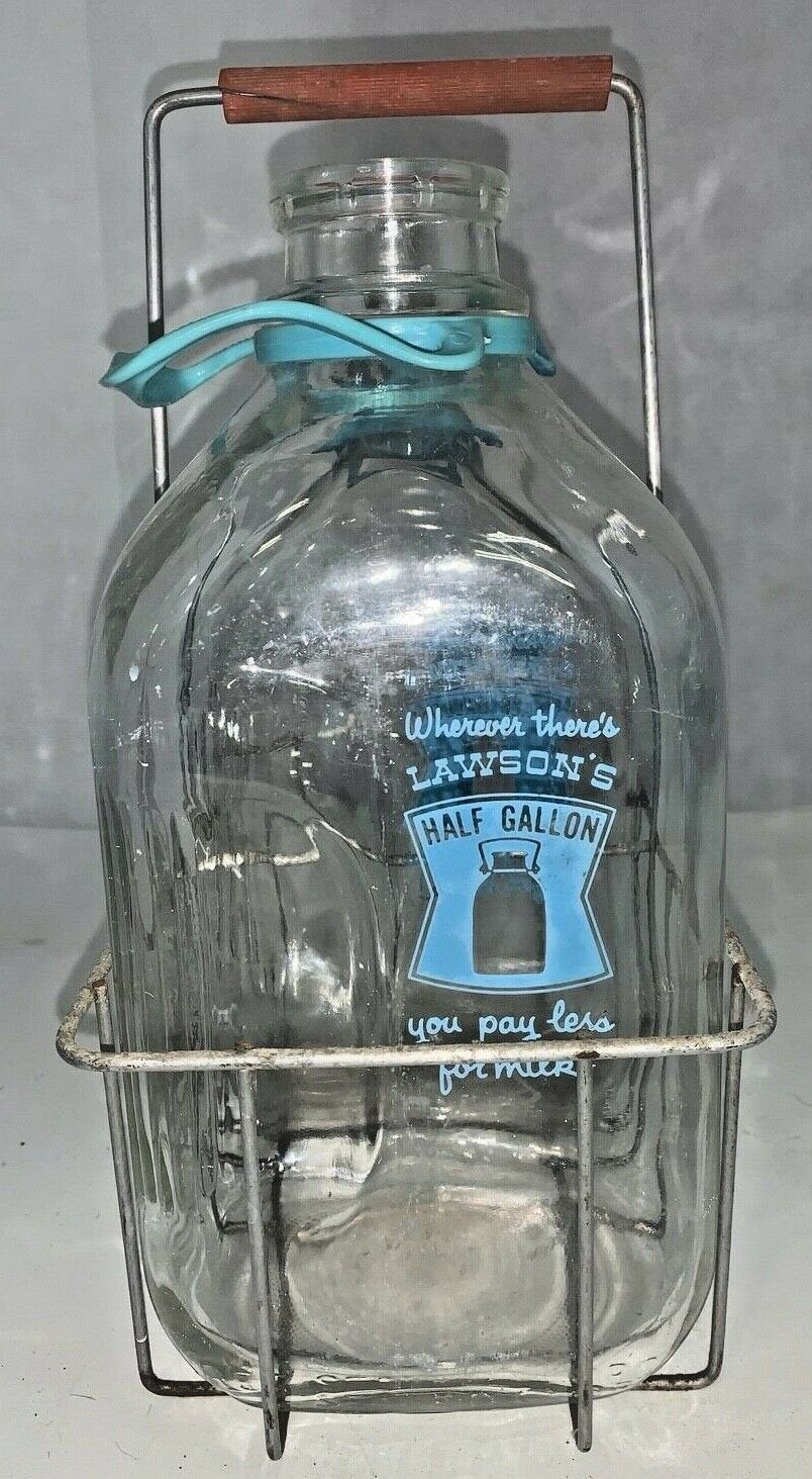 Vintage Set of 2 Lawsons Dairy Half Gallon Bottles with Metal Carrying Crate