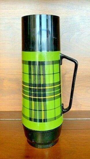 VINTAGE MCM 1970s Thermo Serv Green Plaid Glass Insulated 1 Quart Thermos Bottle