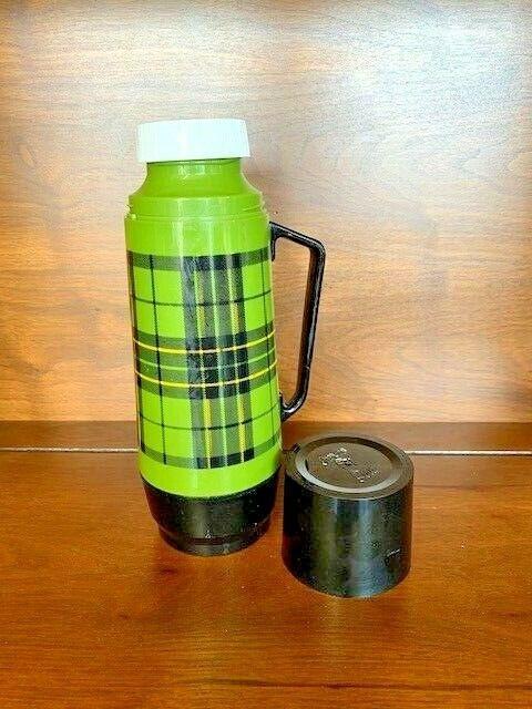 VINTAGE MCM 1970s Thermo Serv Green Plaid Glass Insulated 1 Quart Thermos Bottle