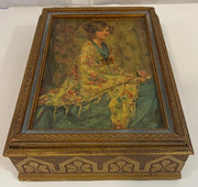 Vintage Victorian Lady Portrait Wooden Jewelry Box w/ Mirror