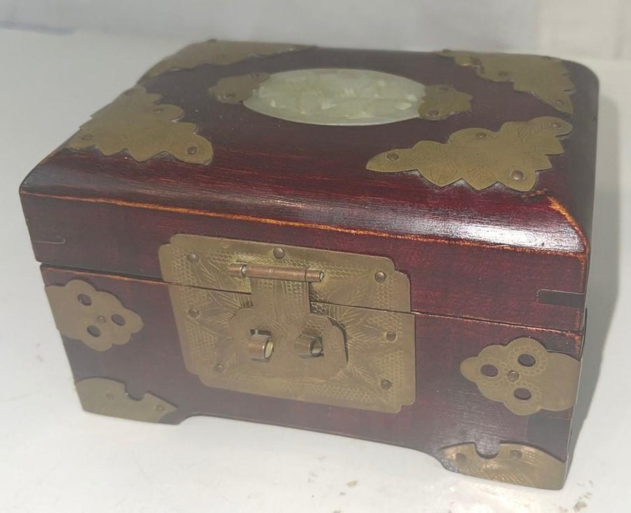 Vintage Jade Inserted Asian Oriental Small Wooden Jewelry Box