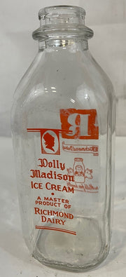 Vintage Dolly Madison Ice Cream Richmond Dairy Glass Milk Bottle