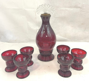 Vintage Ruby Red Decanter w/ Six Shot Glasses