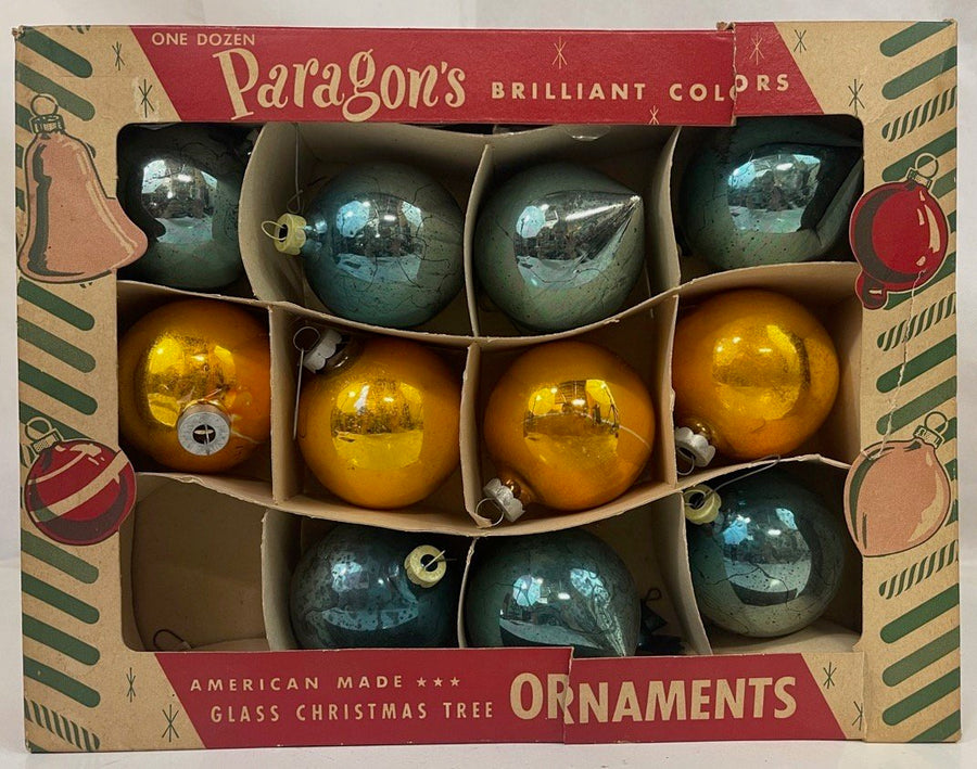 Vintage Paragon Blue and Gold Mercury Glass Teardrop Christmas Tree Ornaments