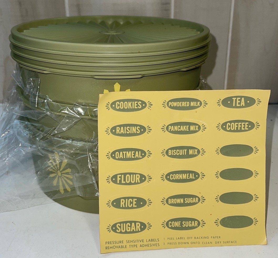 Vintage NEW Avocado Green Flower Pattern Tupperware Containers w/ Labels