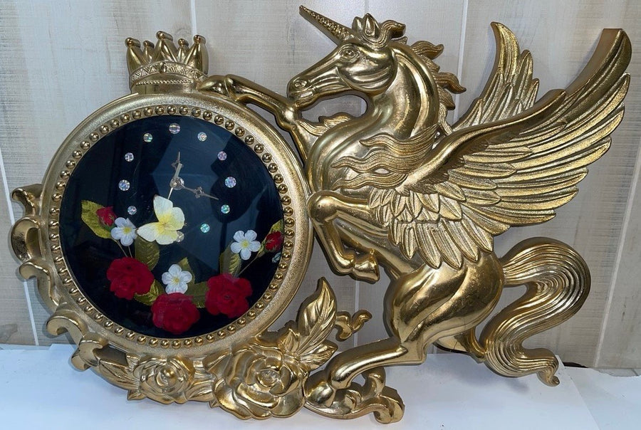 Vintage Gold Ornate Unicorn Plastic Floral Wall Clock Battery Operated
