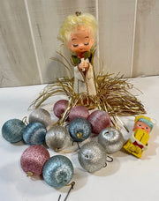 Mid Century Kitschy Christmas Angel Knee Hugger and Vintage Ornament Lot