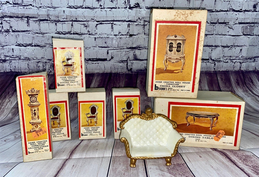 Vintage Set of 8 Brinn's Miniature Wooden Doll House Furniture w/ Boxes
