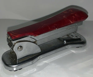 Vintage Ace Cadet Lift Top Stapler HTF Red Swirl Bakelite & Chrome EUC Model 302