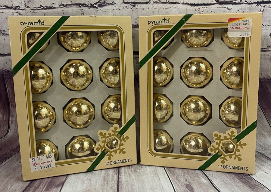 Vintage Set of 2 Pyramid Gold Ornaments 24 Christmas Tree Bulbs Made in the USA