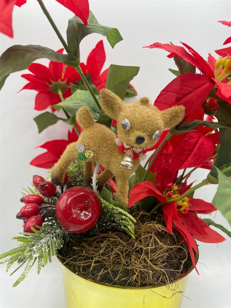 Christmas Poinsettia Floral Arrangement With Vintage Deer Gold Planter