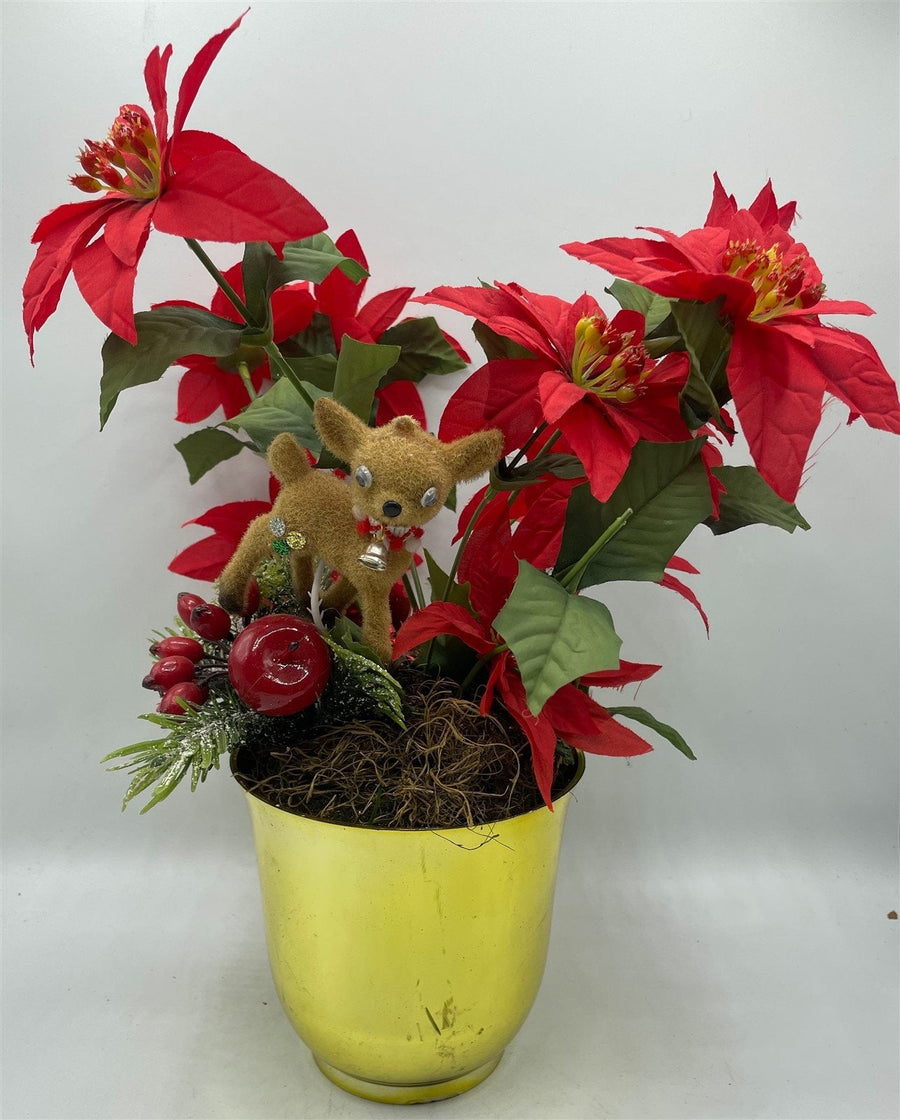 Christmas Poinsettia Floral Arrangement With Vintage Deer Gold Planter