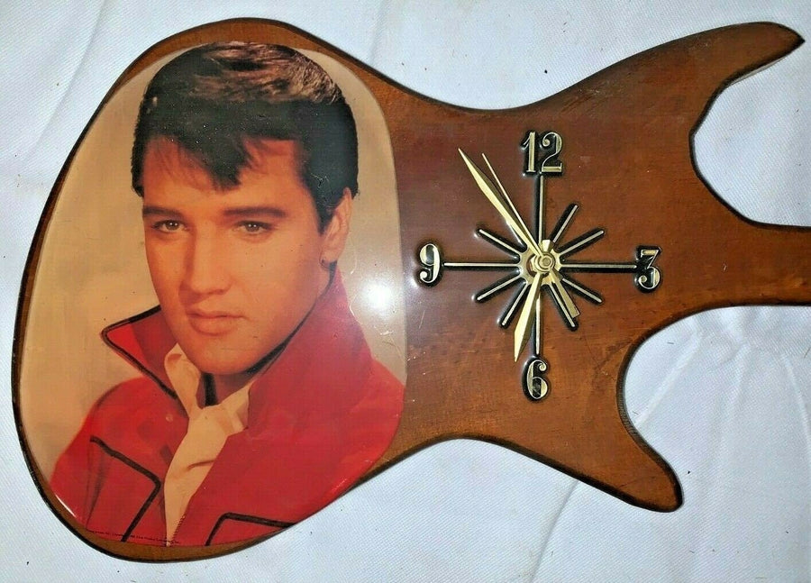 Vintage Elvis Presley Collectible Wooden Guitar Wall Hanging Clock