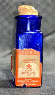 Antique Cobalt Blue Chloride Poison Glass Bottle w/ Label Embossed