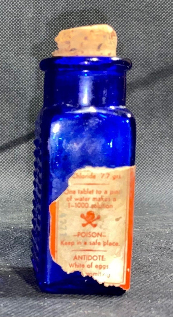 Antique Cobalt Blue Chloride Poison Glass Bottle w/ Label Embossed