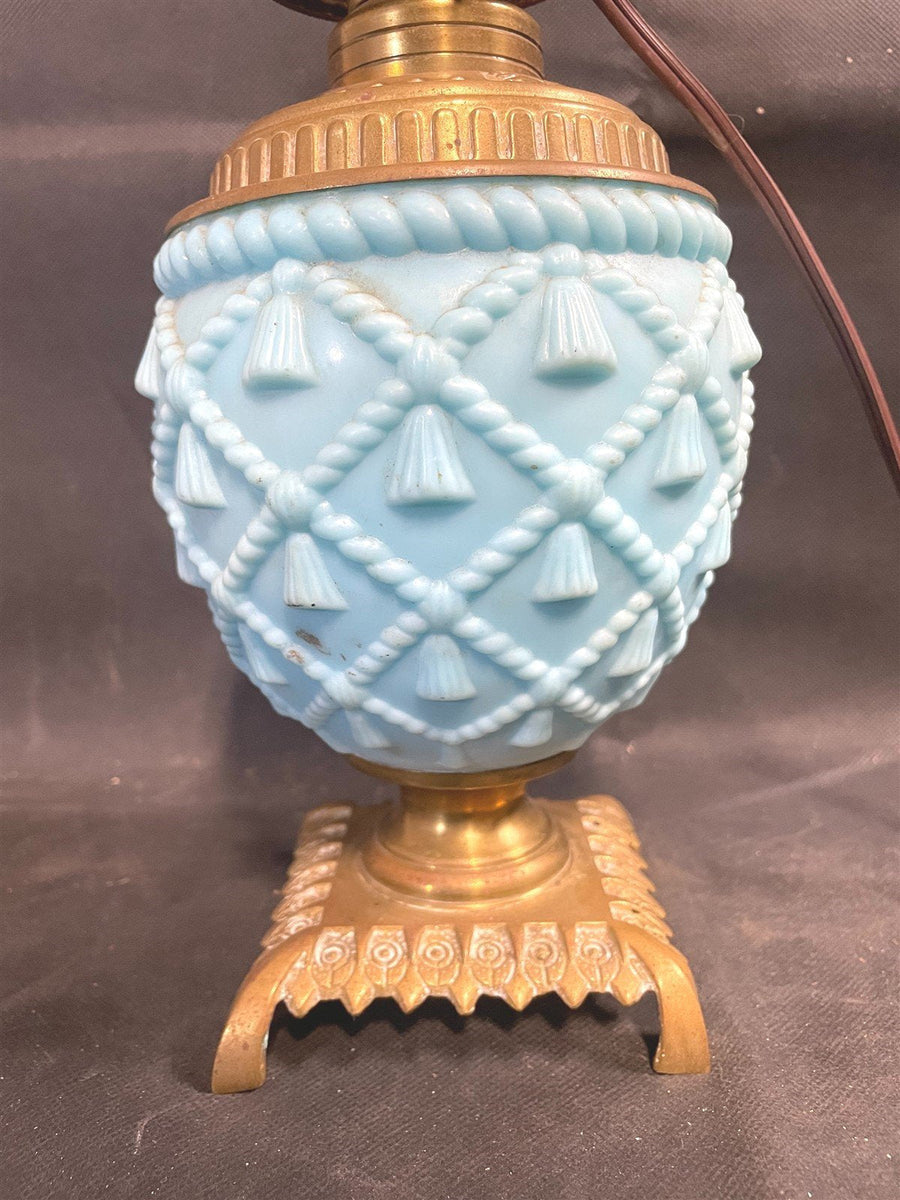 Vintage 12.5 inch Fostoria Baby Blue Milk Glass Cord Tassel Boudoir Table Lamp
