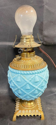 Vintage 12.5 inch Fostoria Baby Blue Milk Glass Cord Tassel Boudoir Table Lamp