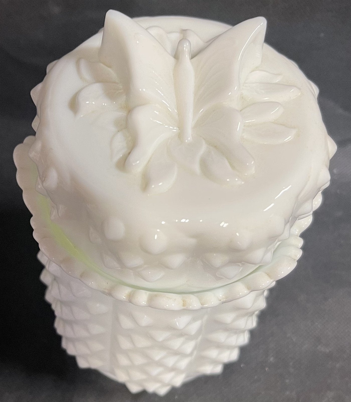 Vintage Fenton Hobnail Milk Glass Round Candy Jar Butterfly Lid