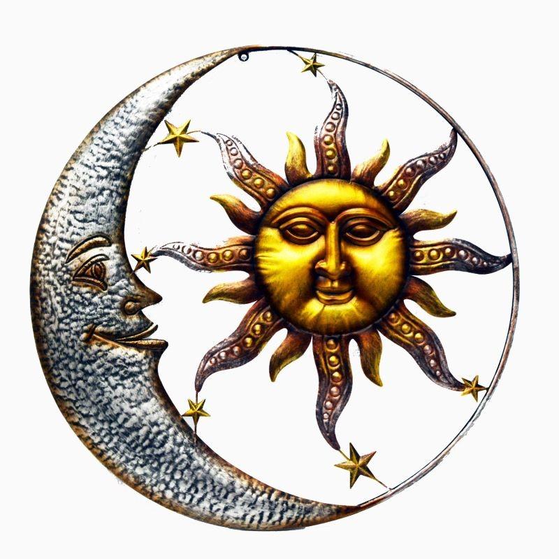 Happy Face Sun Moon and Stars Gold Silver - 28" Metal Hammered Home / Yard Art