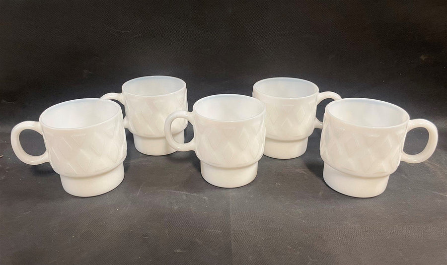 Vintage 5 Hazel Atlas Stackable White Diamond Milk Glass Coffee Mugs
