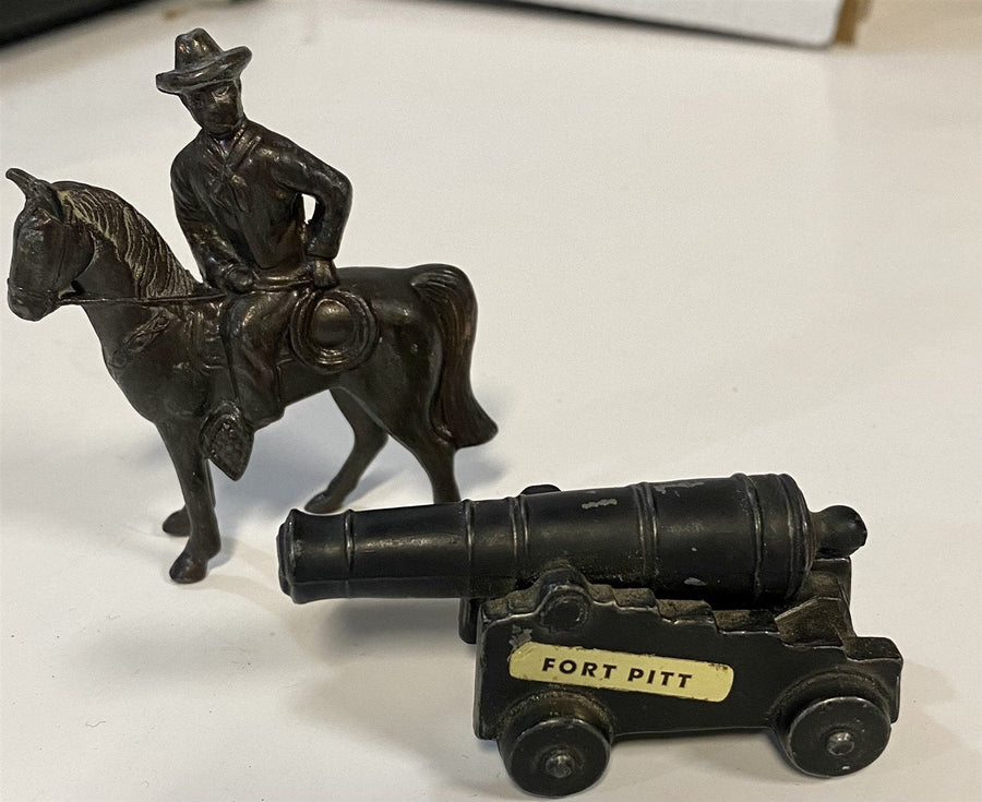 Vintage Cast Iron Cowboy on a Horse Toy and Souvenir Fort Pitt Cannon
