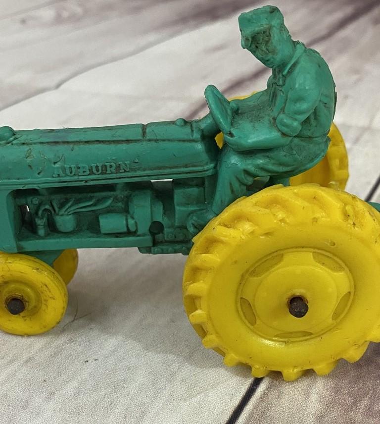 Vintage 1950s Auburn Green Rubber Toy Farm Tractor w/ Yellow Wheels