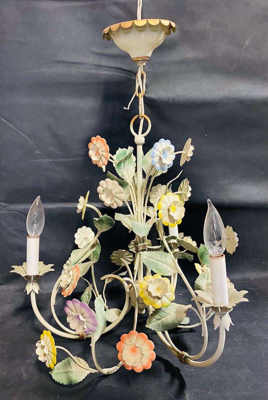 Retro 1970s Colorful Floral Hanging Vintage Candelabra Chandelier