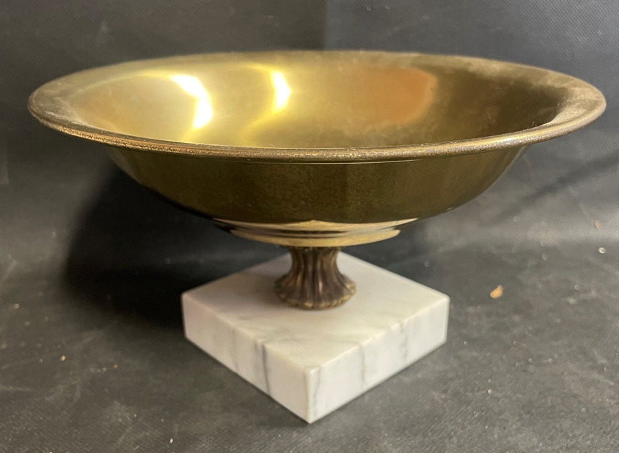 Vintage Mid Century Brass Marble Pedestal Decorative Bowl Table