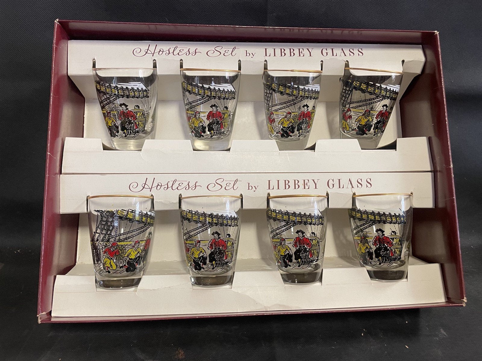 Libbey Treasure Island Set of 8 Sour Glasses 1950's MCM Vintage in Original Box