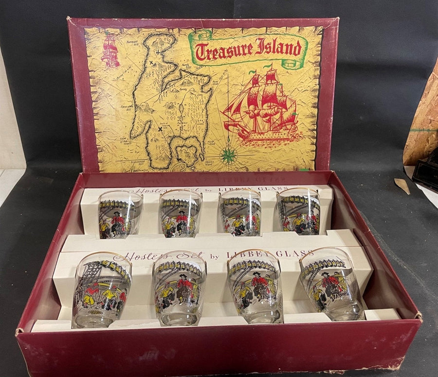 Vintage MCM 1950's Libbey Treasure Island Set of 8 Tumblers Glasses w/ Original Box