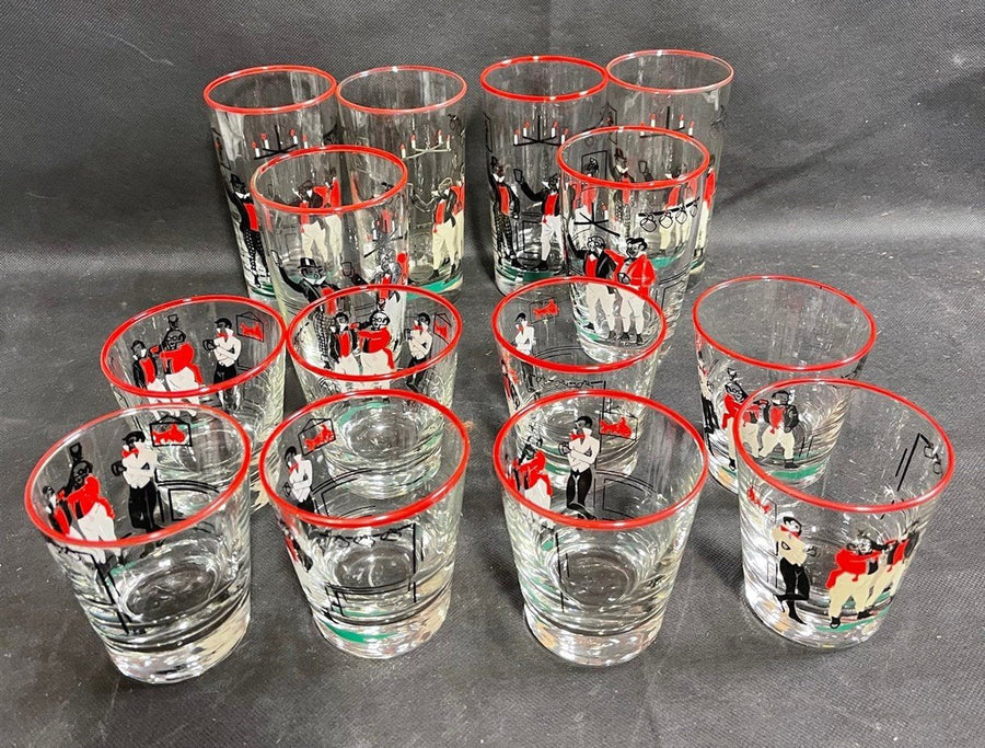 Vintage Mid Century Libbey Glass Pickwick Dickens Set of 14 Glasses Tumblers