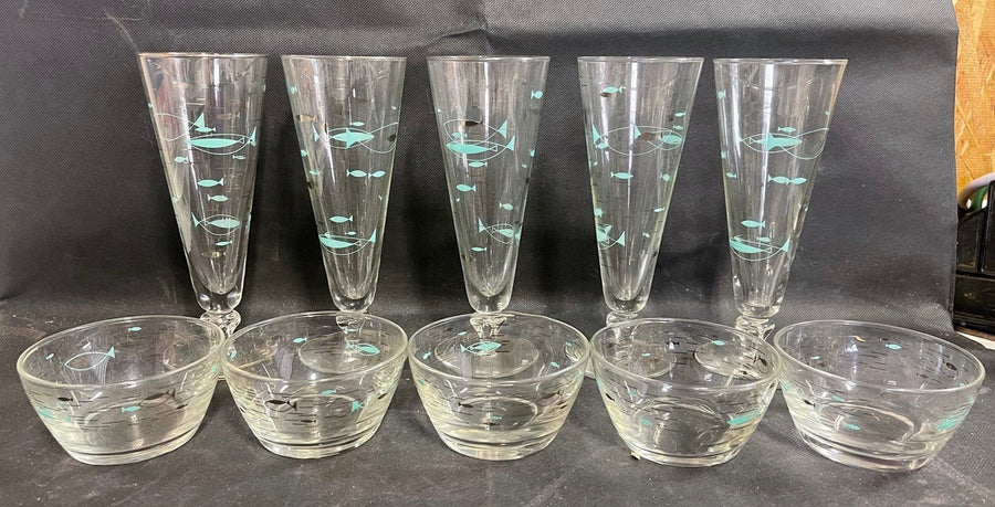 Vintage Libbey Glass Mediterranean Atomic Fish 5 Dessert Cups 5 Pilsner Glasses