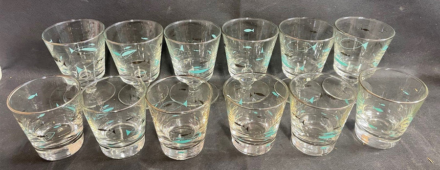Vintage Mid Century Libbey Glass Mediterranean Atomic Fish Set of 12 Glasses