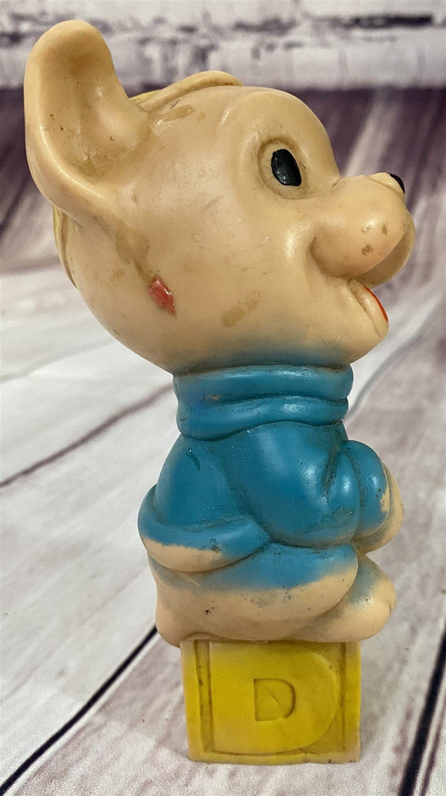 Vintage Rubber Squeaky Dog on a Block Toy