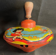 The Ohio Art Company Bryan Ohio Vintage Spin Top Metal Toy Wooden Handle