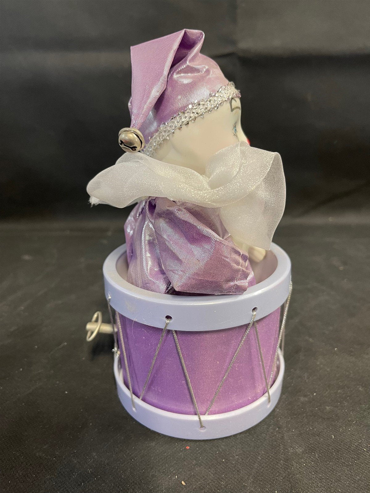 Vintage 8.5" Purple Jester Clown in Drum Music Box Made in Taiwan