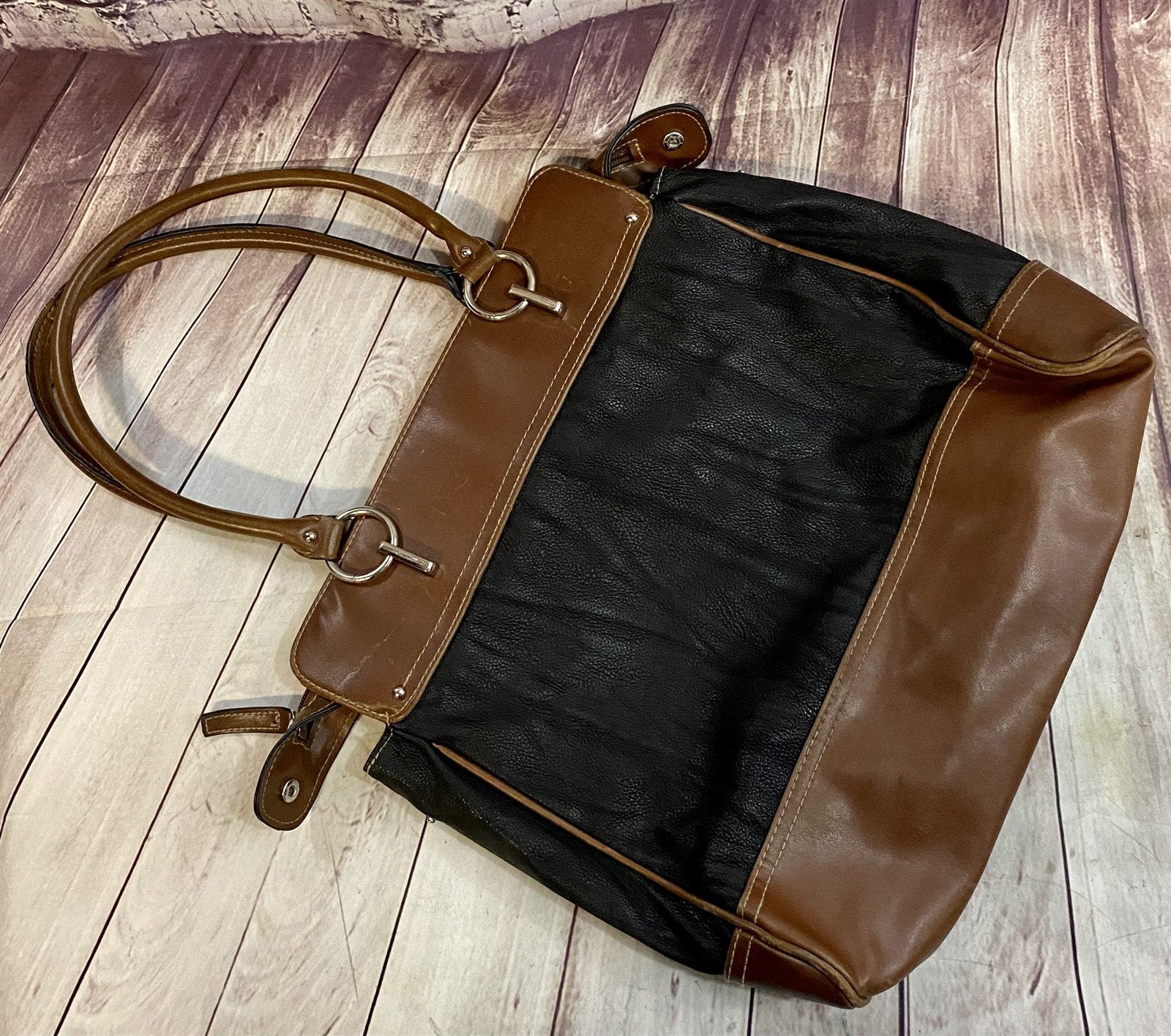 Large Vintage Chaps Brand Black and Brown Leather Tote Style Handbag Purse