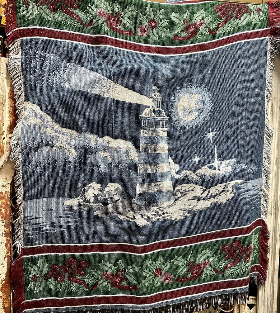100% Acrylic Holiday Themed Lighthouse Under a Full Moon Fringed Throw Blanket