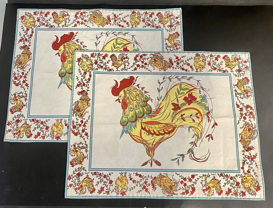 Pair of Mid Century Cloth Farmhouse Theme Colorful Rooster w/ Flowers Placemats