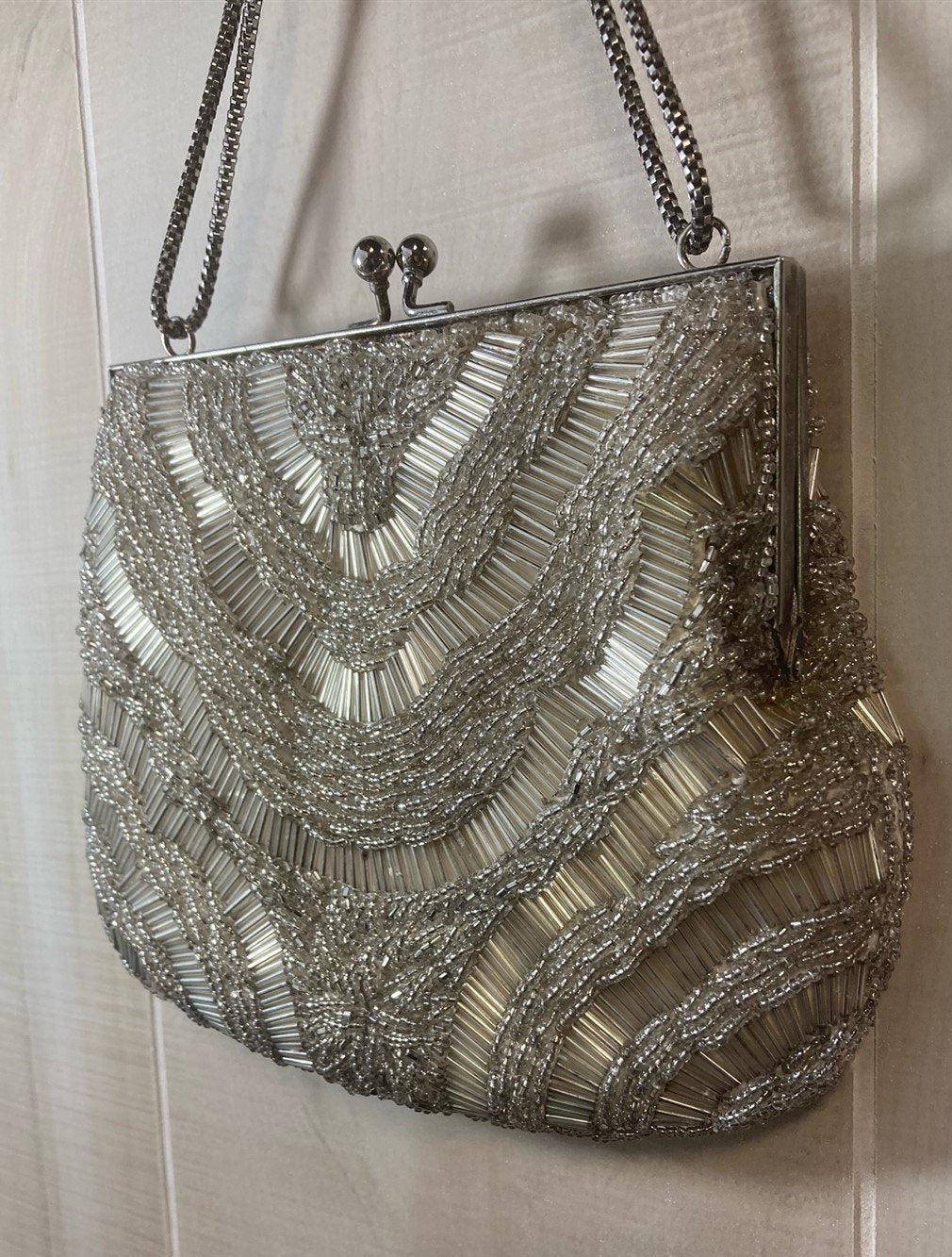 Vintage Small Silver Beaded Clutch Evening Hand Bag Purse